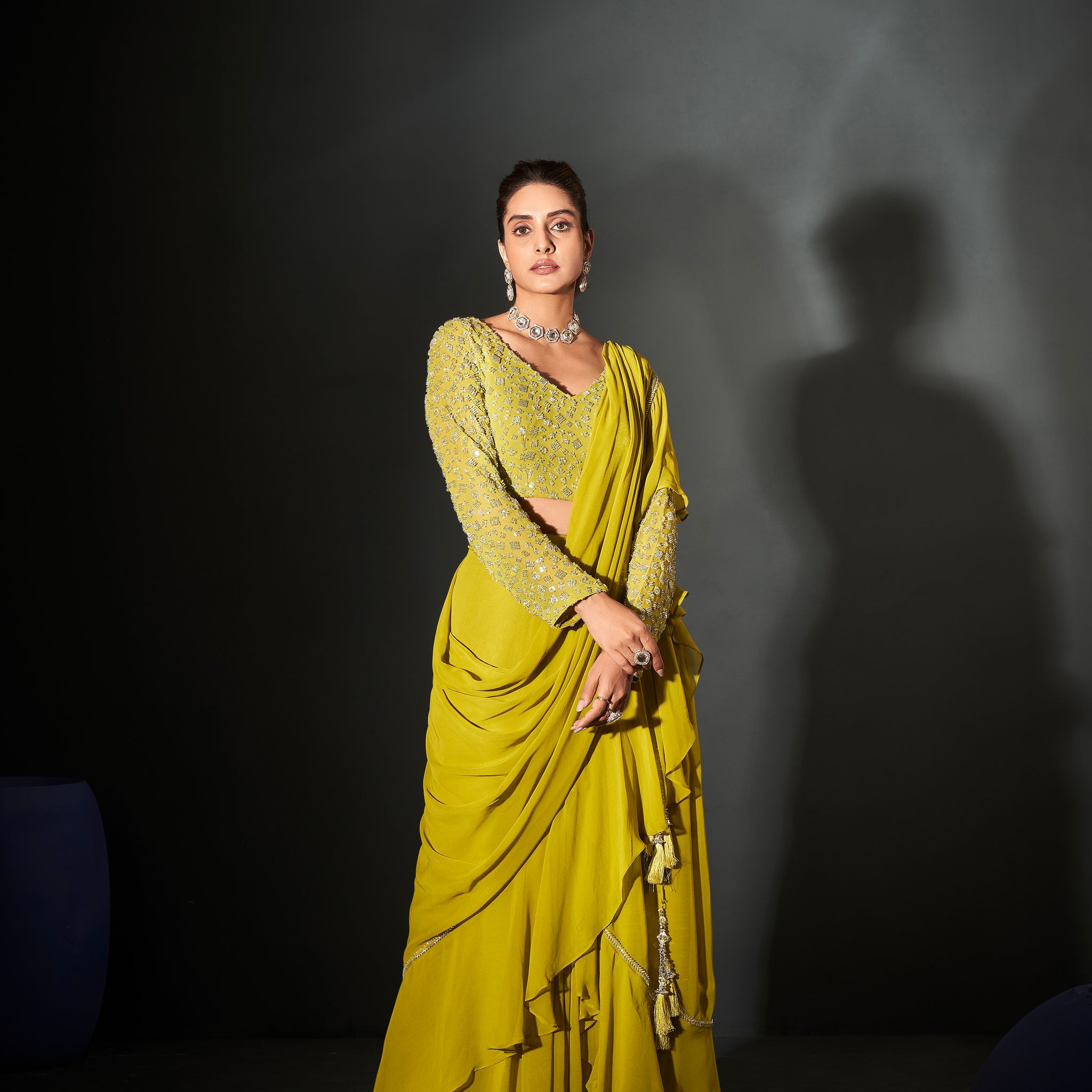 Lime Green Ready to Wear Georgette Saree with Handwork Blouse