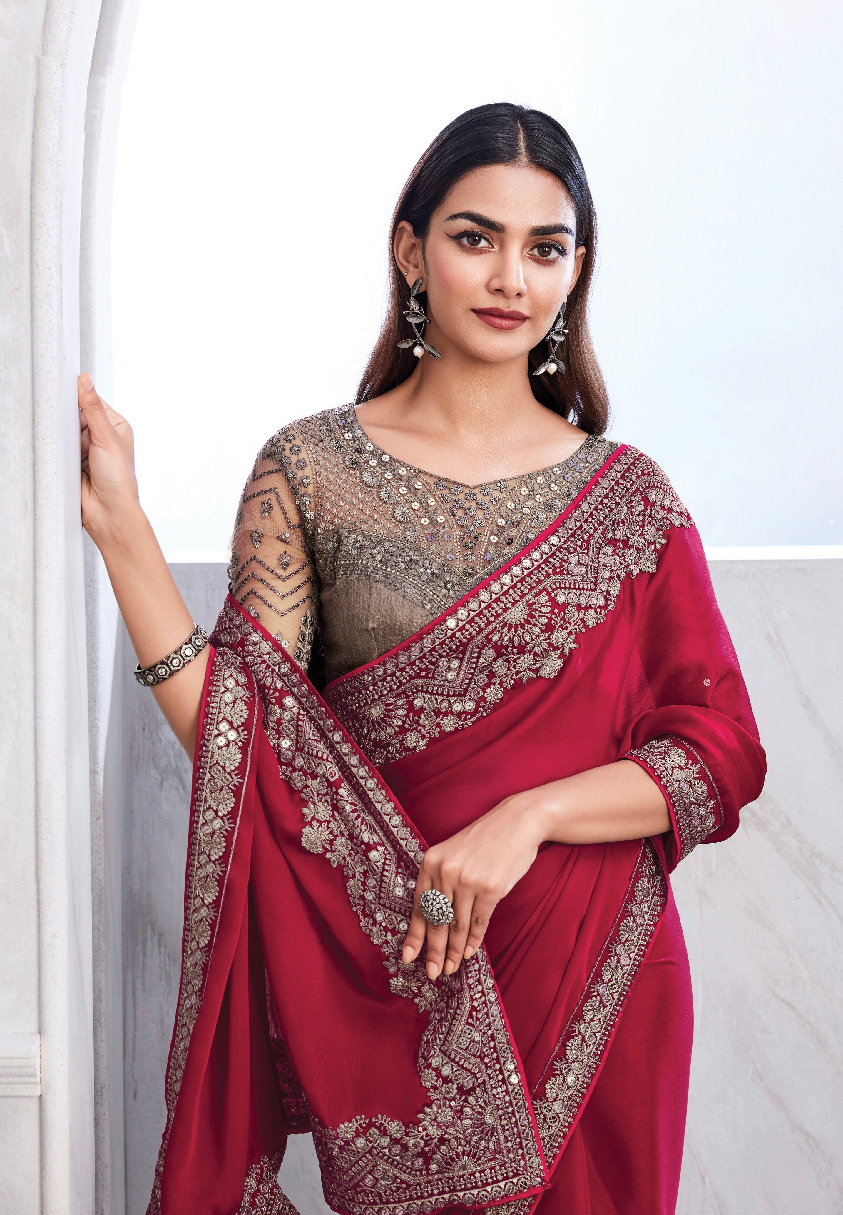 Red Chiffon Silk Saree with Heavy Embroidery and Sequin Work