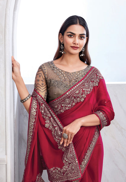 Red Chiffon Silk Saree with Heavy Embroidery and Sequin Work