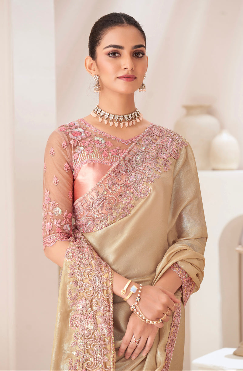 Gold Satin Chiffon Saree with Satin Silk Blouse