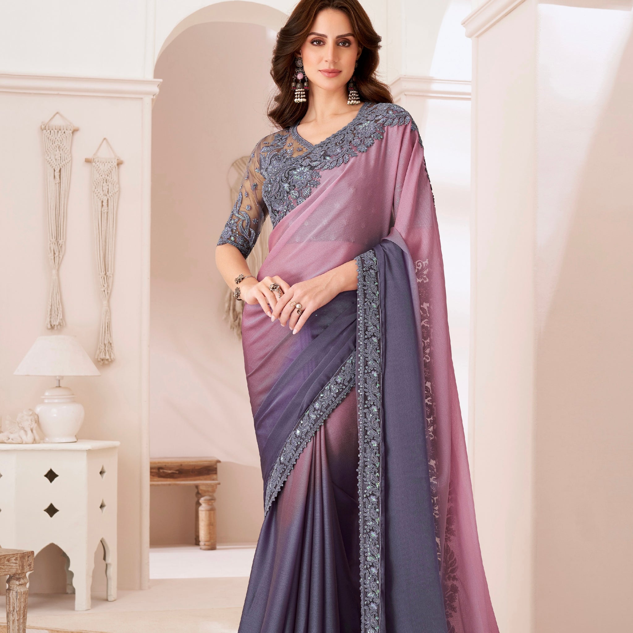 Pink and Lavender Shaded Chiffon Saree with Banglori Silk Blouse