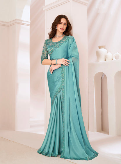 Mint Green Majestic Satin Georgette Saree with Banglori Silk Blouse