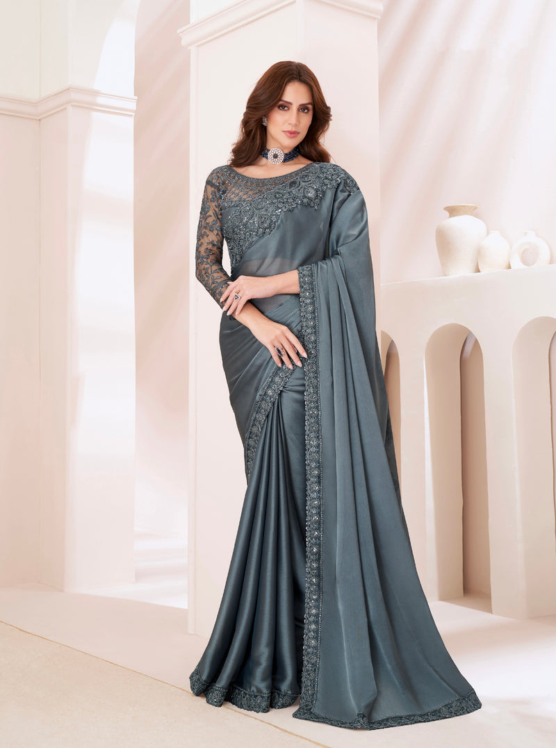 Grey Majestic Satin Georgette Saree with Banglori Silk Blouse