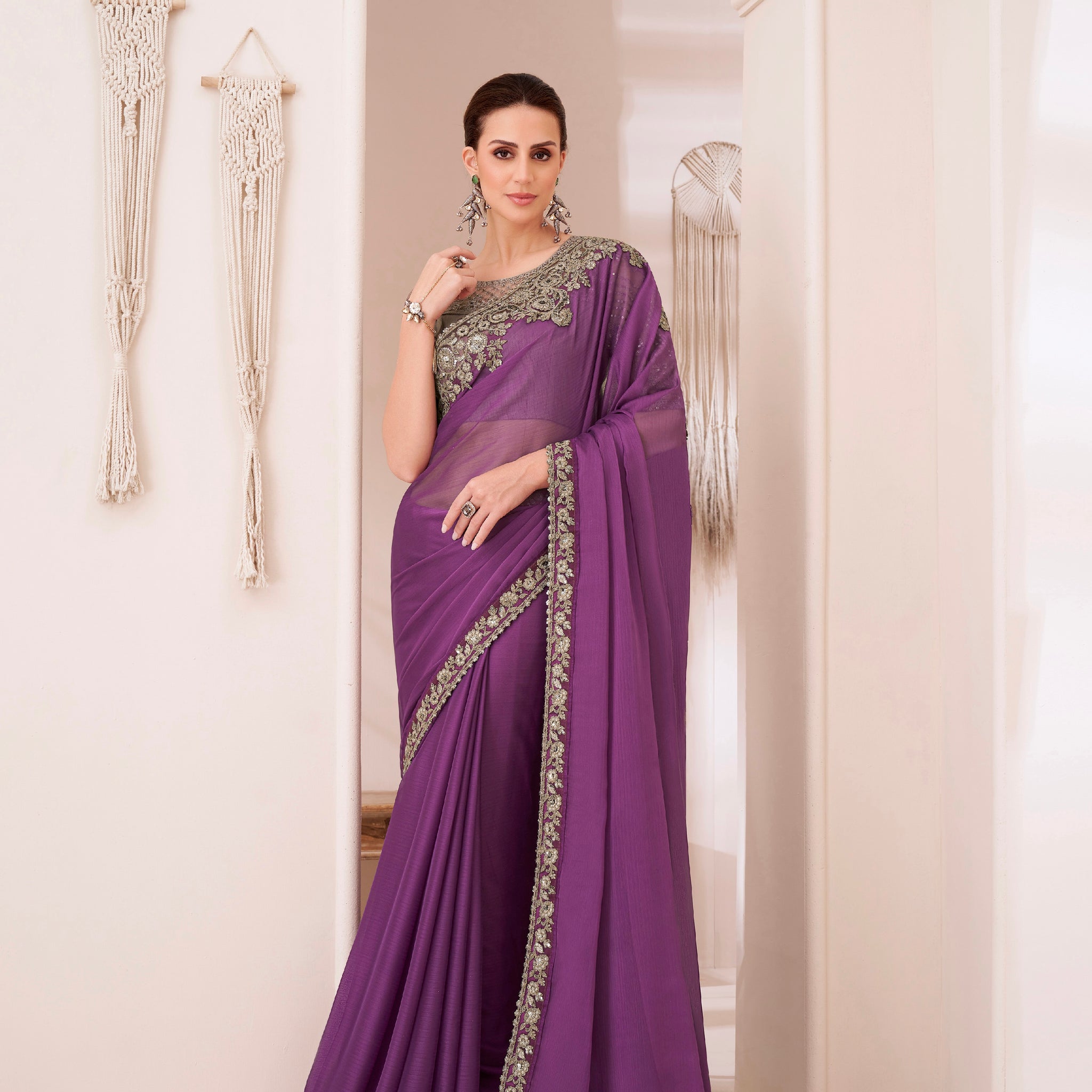 Purple Rich-Feel Georgette Chiffon Saree with Banglori Silk Blouse