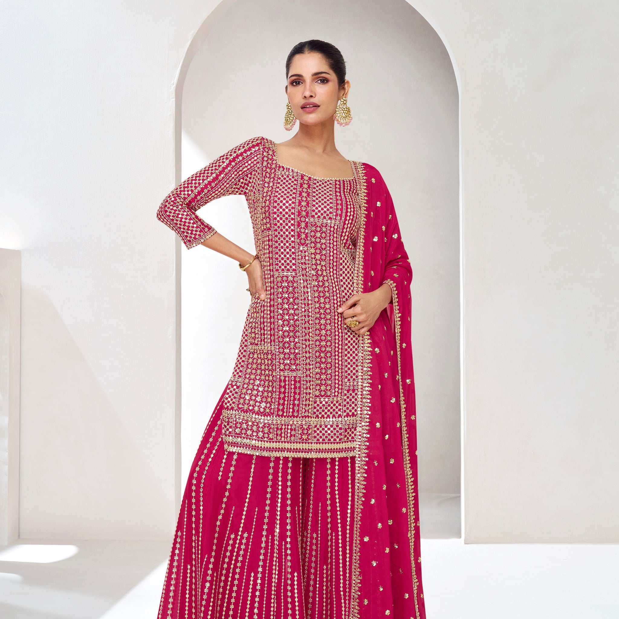 Rani Pink Embroidered Premium Chinnon Silk Sharara Suit