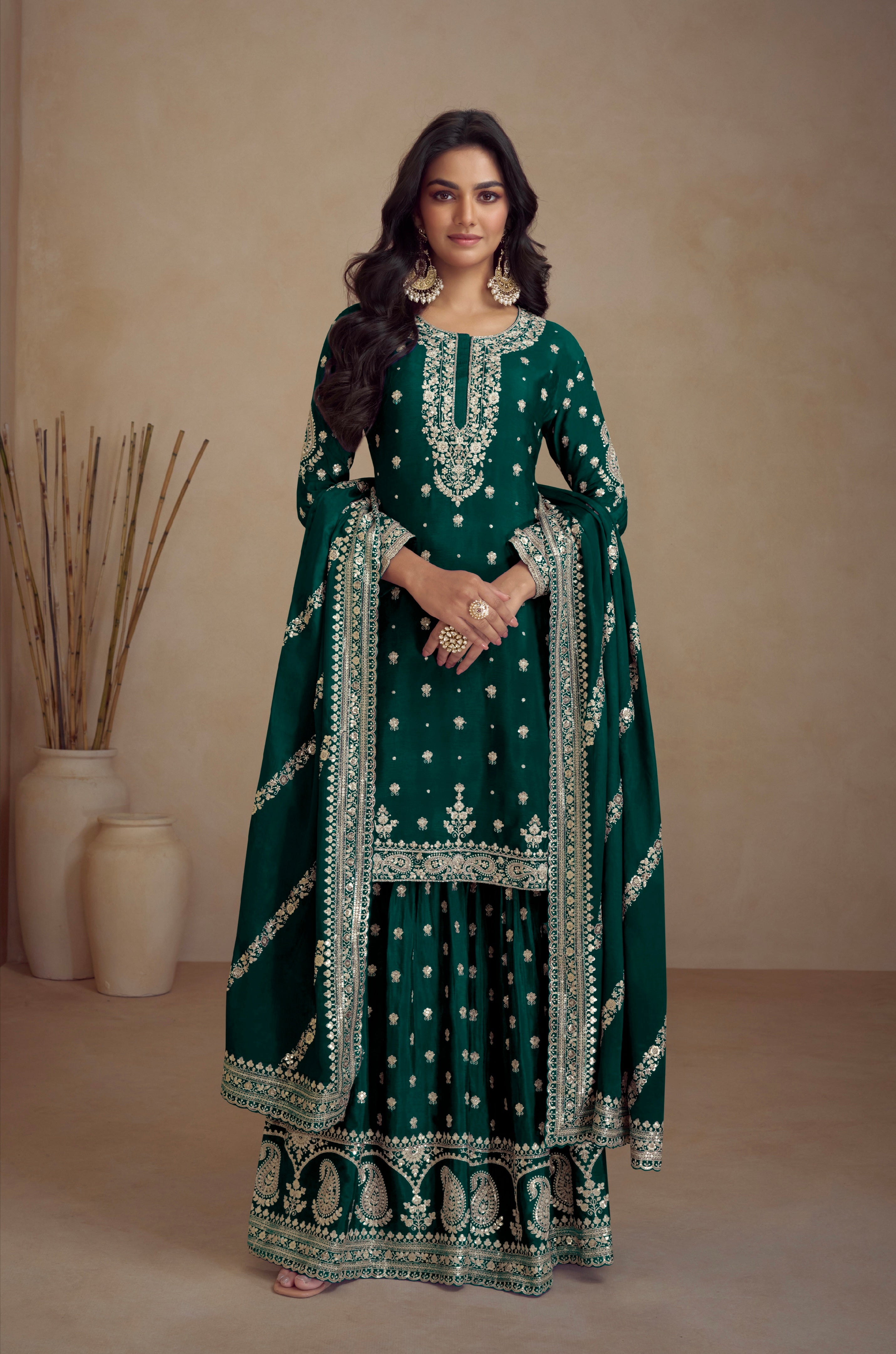 Green Real Chinon Palazzo Suit with Embroidery