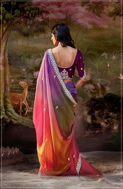 Multi-Color Gradient Saree in Glass Tissue Organza &amp; Embroidery Work