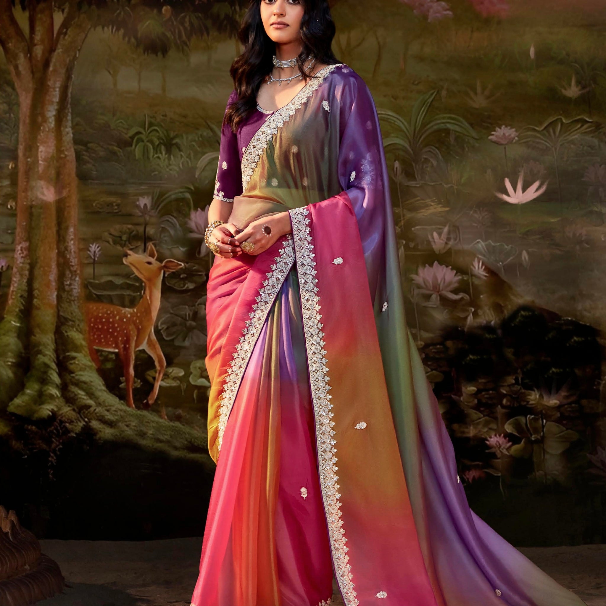 Multi-Color Gradient Saree in Glass Tissue Organza & Embroidery Work