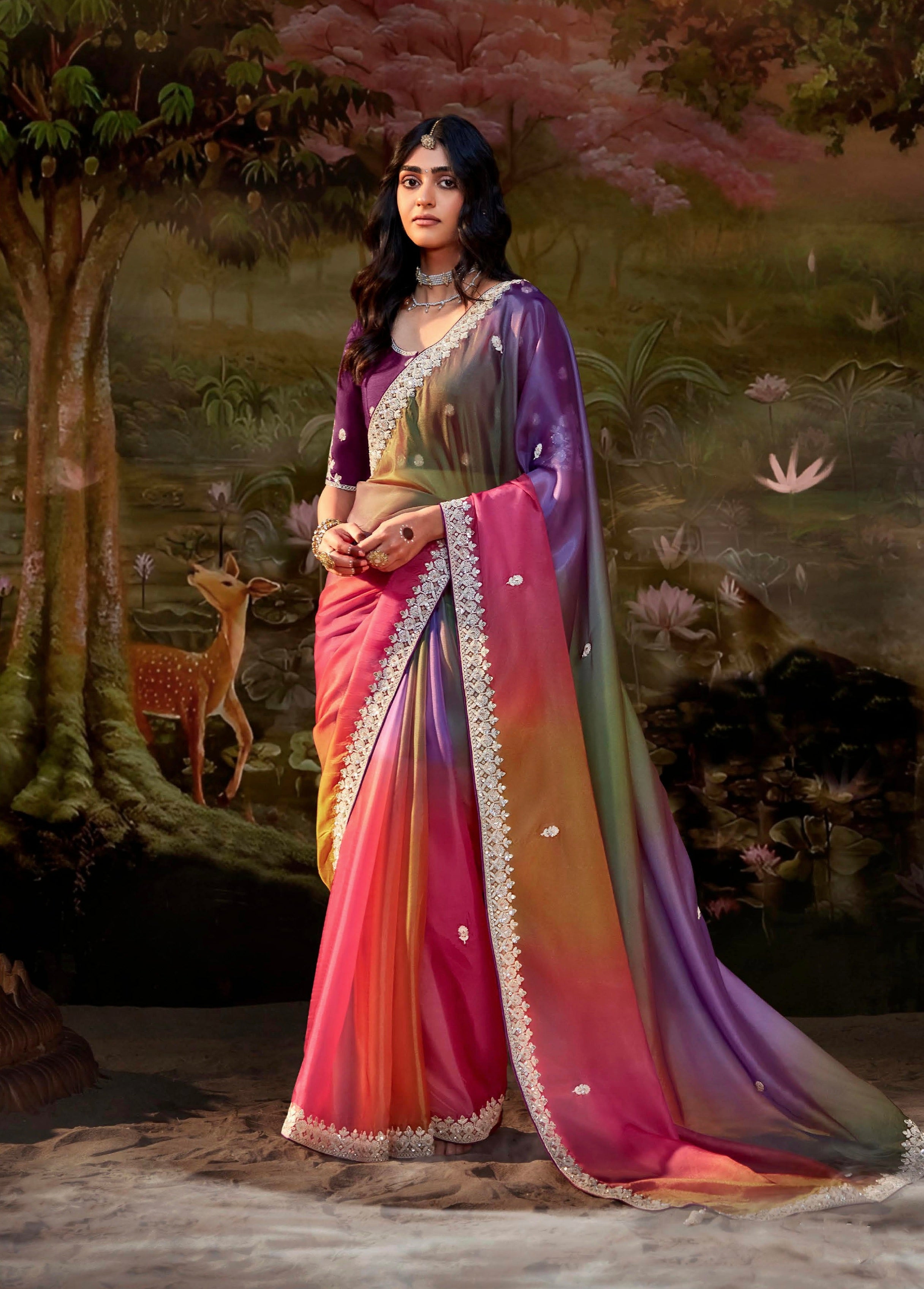 Multi-Color Gradient Saree in Glass Tissue Organza &amp; Embroidery Work