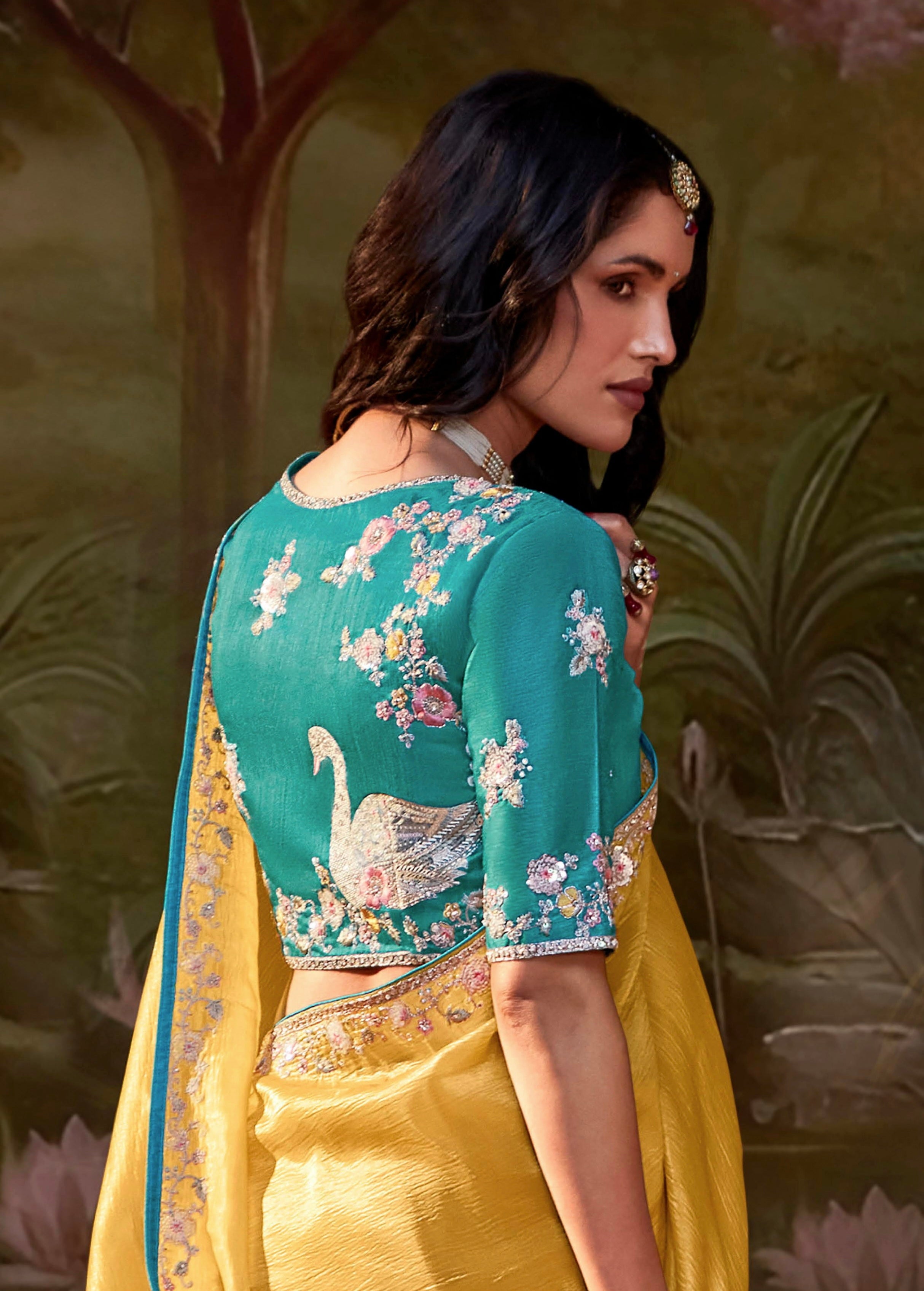 Yellow Glass Tissue Organza Saree with Embroidery &amp; Sequin Work