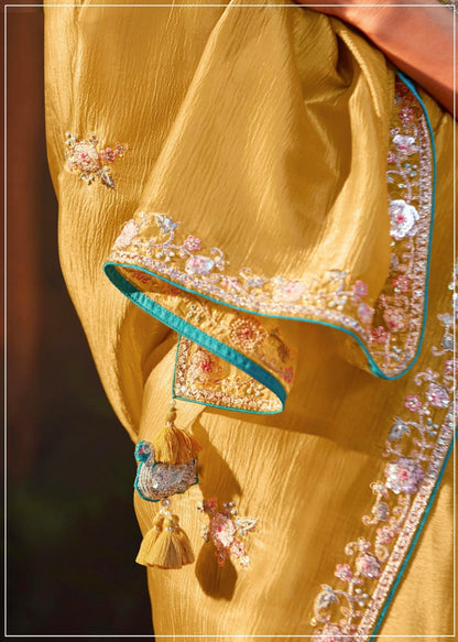 Yellow Glass Tissue Organza Saree with Embroidery &amp; Sequin Work