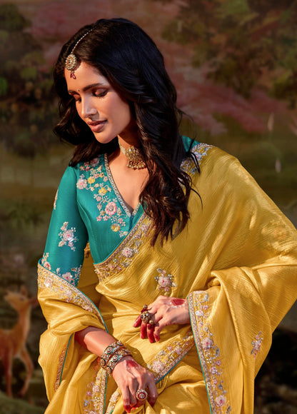 Yellow Glass Tissue Organza Saree with Embroidery &amp; Sequin Work