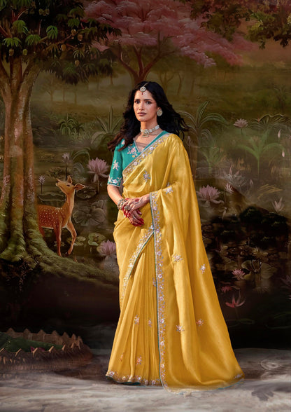 Yellow Glass Tissue Organza Saree with Embroidery &amp; Sequin Work