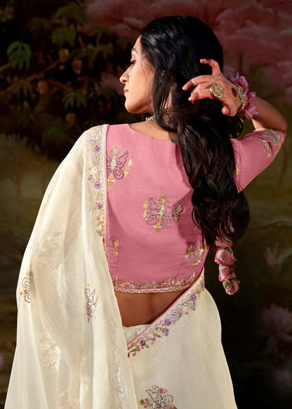 Off-White Glass Tissue Organza Saree with Embroidery &amp; Sequin Work
