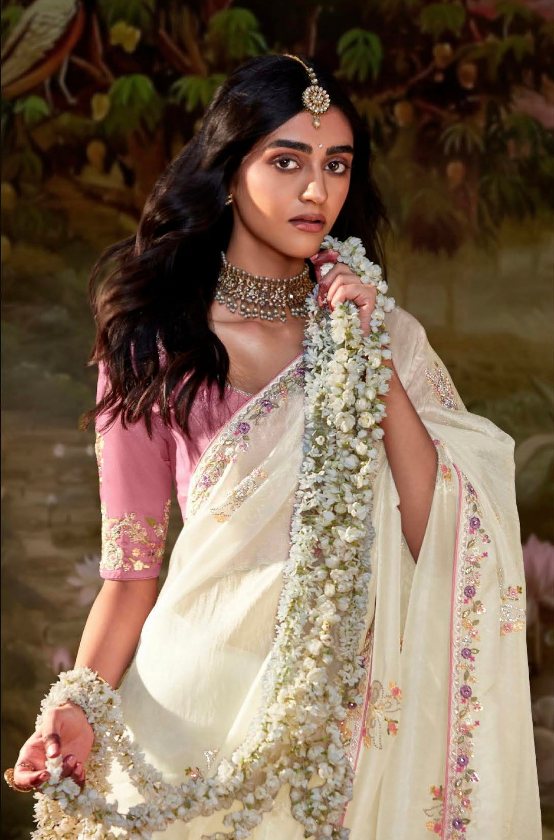 Off-White Glass Tissue Organza Saree with Embroidery &amp; Sequin Work