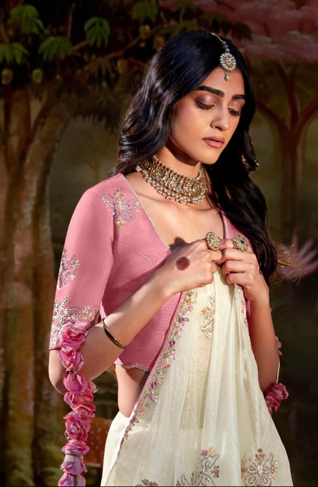 Off-White Glass Tissue Organza Saree with Embroidery &amp; Sequin Work