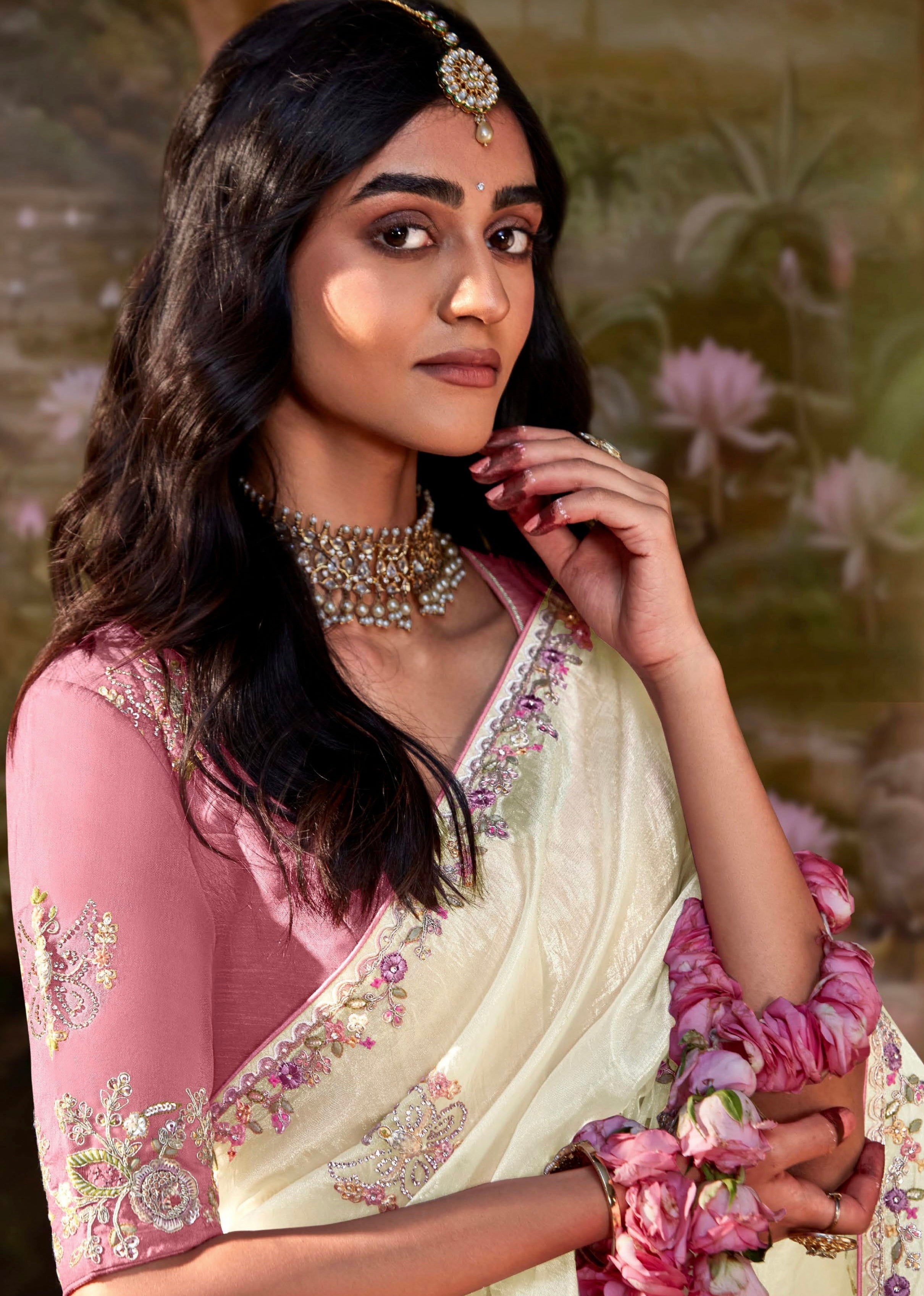 Off-White Glass Tissue Organza Saree with Embroidery &amp; Sequin Work