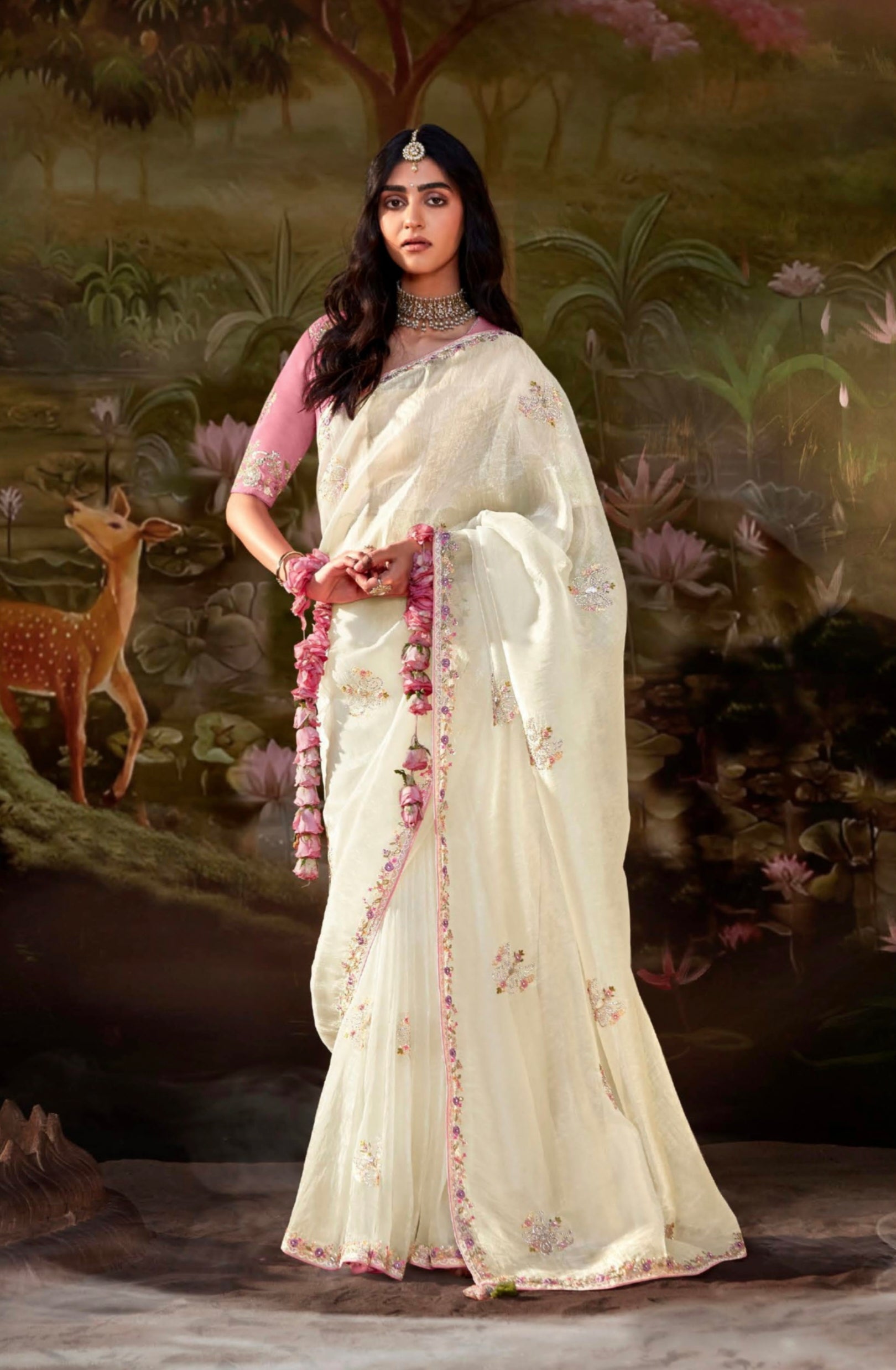 Off-White Glass Tissue Organza Saree with Embroidery &amp; Sequin Work