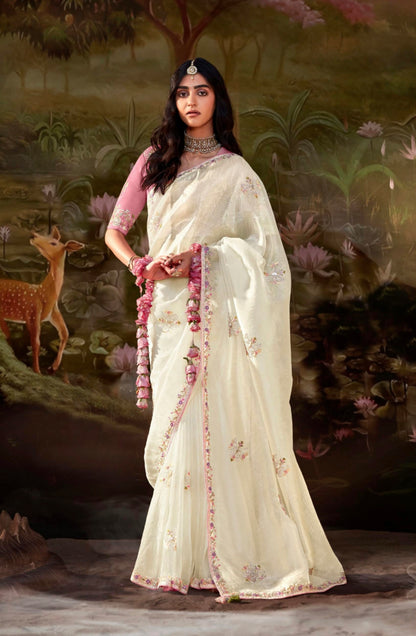 Off-White Glass Tissue Organza Saree with Embroidery &amp; Sequin Work