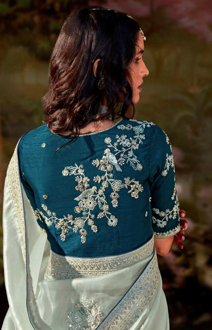 Mint Green Glass Tissue Organza Saree with Embroidery and Zarkan Work