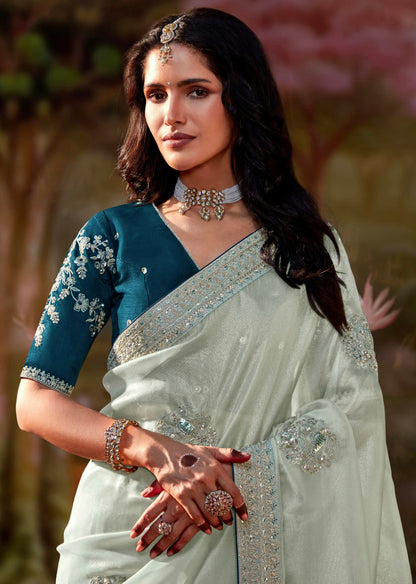 Mint Green Glass Tissue Organza Saree with Embroidery and Zarkan Work