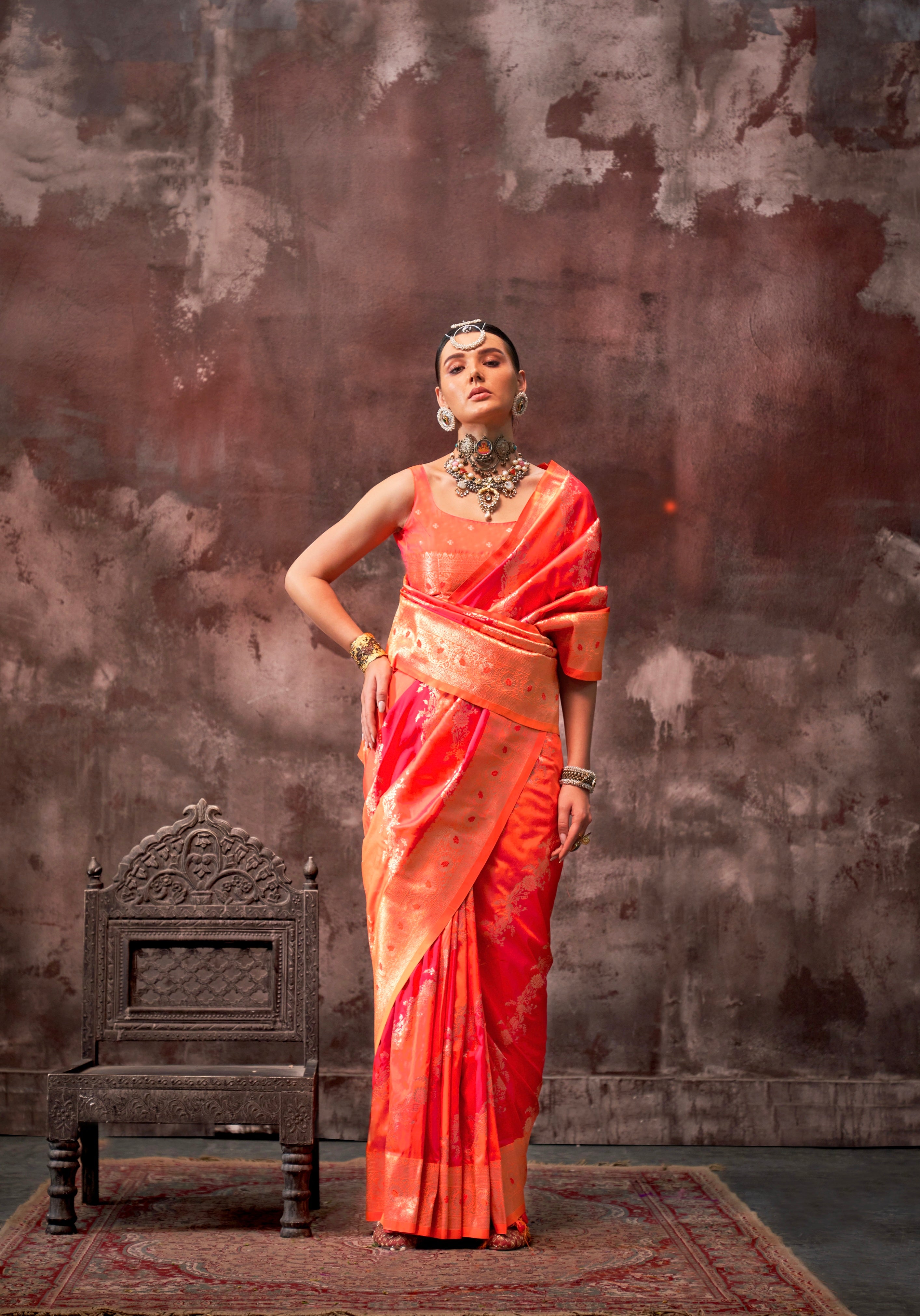 Orange &amp; Red Rangkaat Handloom Weaving Silk Saree