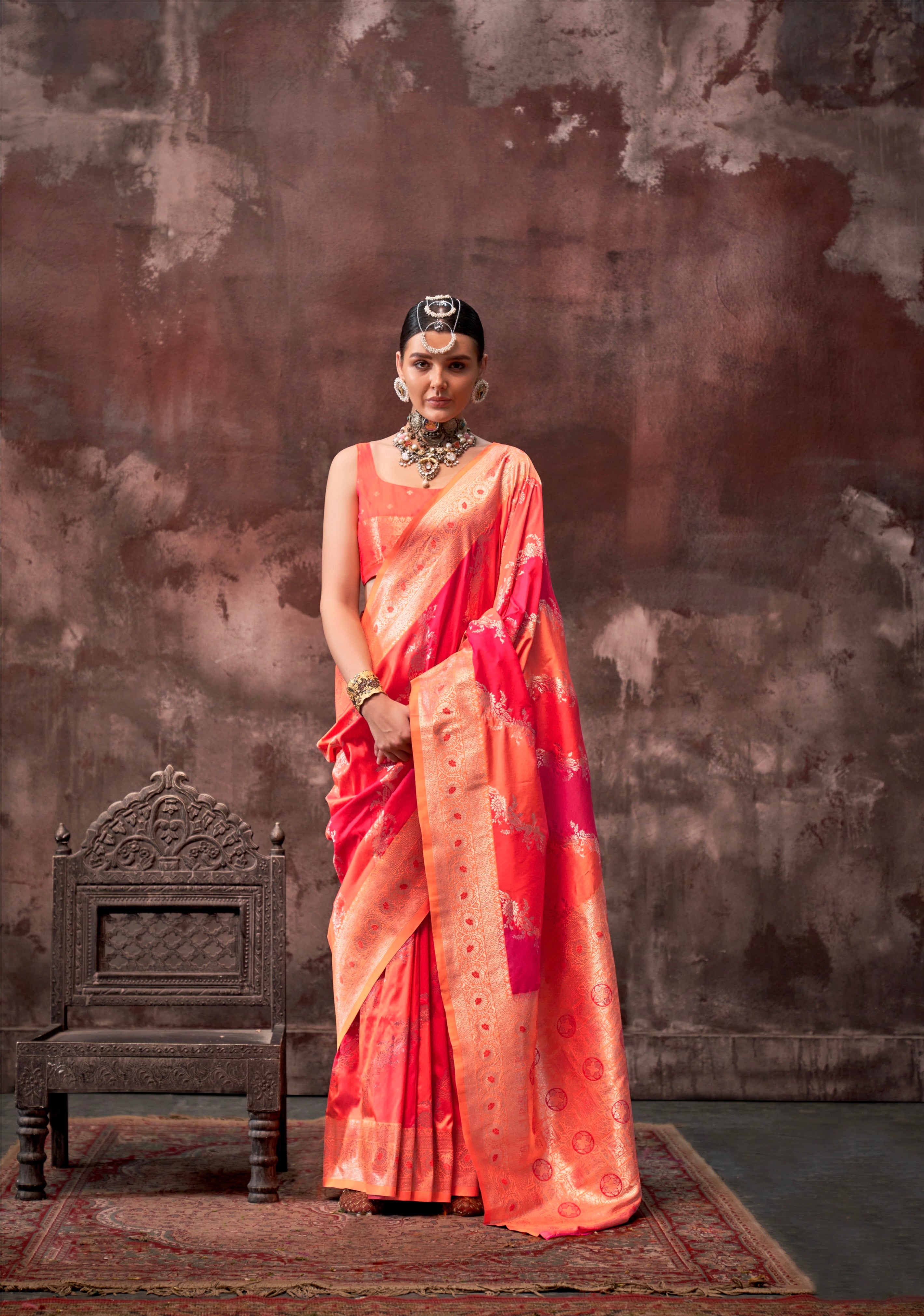 Orange &amp; Red Rangkaat Handloom Weaving Silk Saree