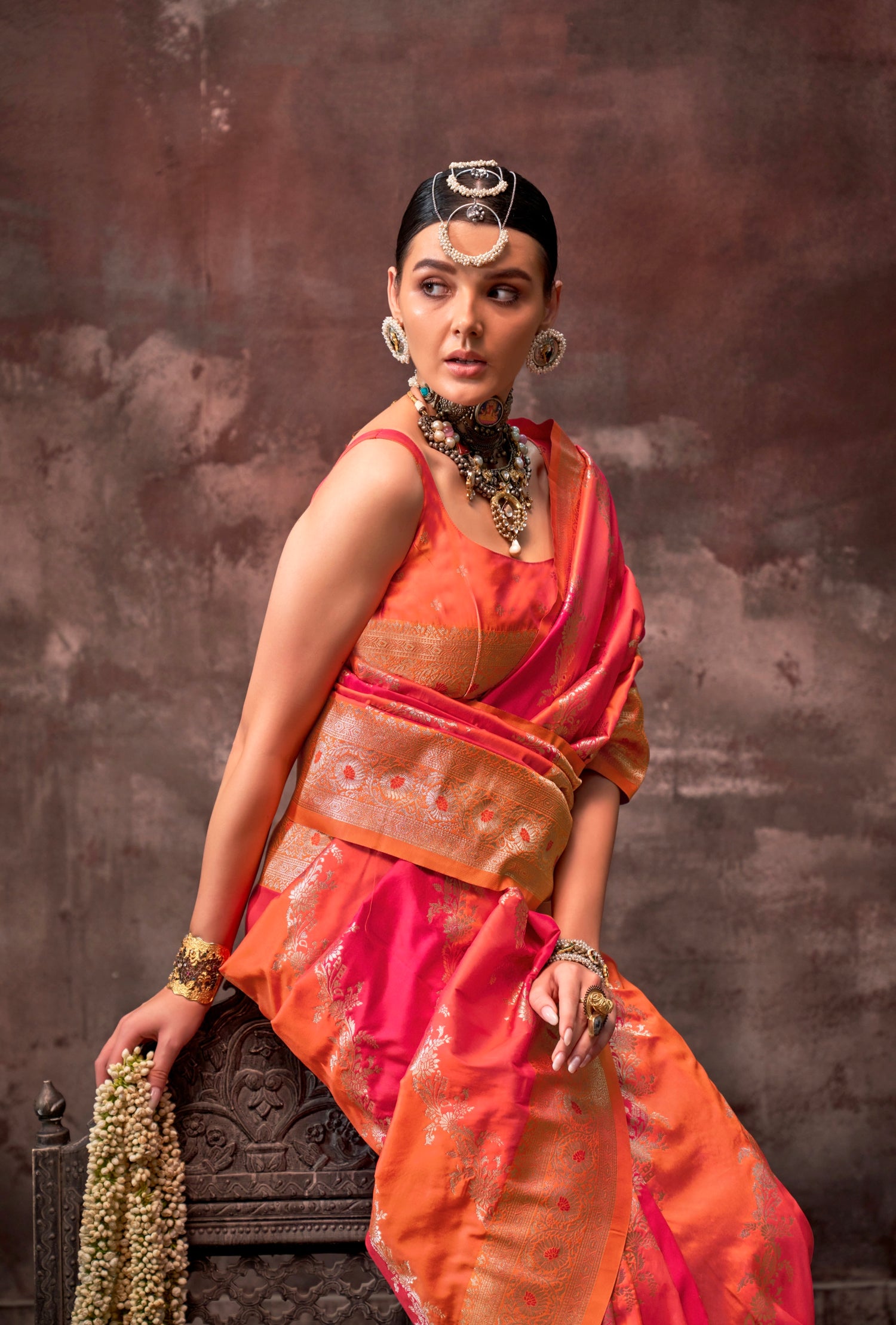Orange &amp; Red Rangkaat Handloom Weaving Silk Saree