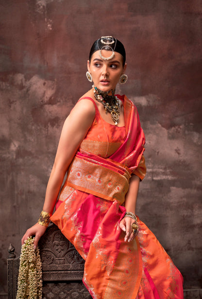 Orange &amp; Red Rangkaat Handloom Weaving Silk Saree