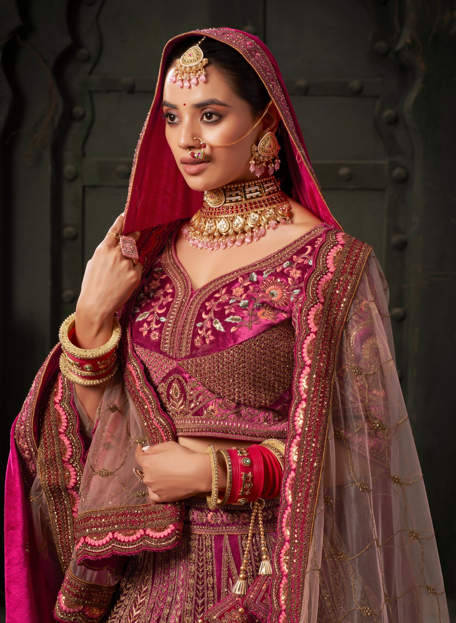 Maroon &amp; Deep Pink Velvet Lehenga Choli with Double Dupatta