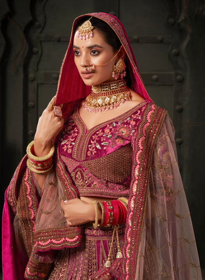 Maroon &amp; Deep Pink Velvet Lehenga Choli with Double Dupatta