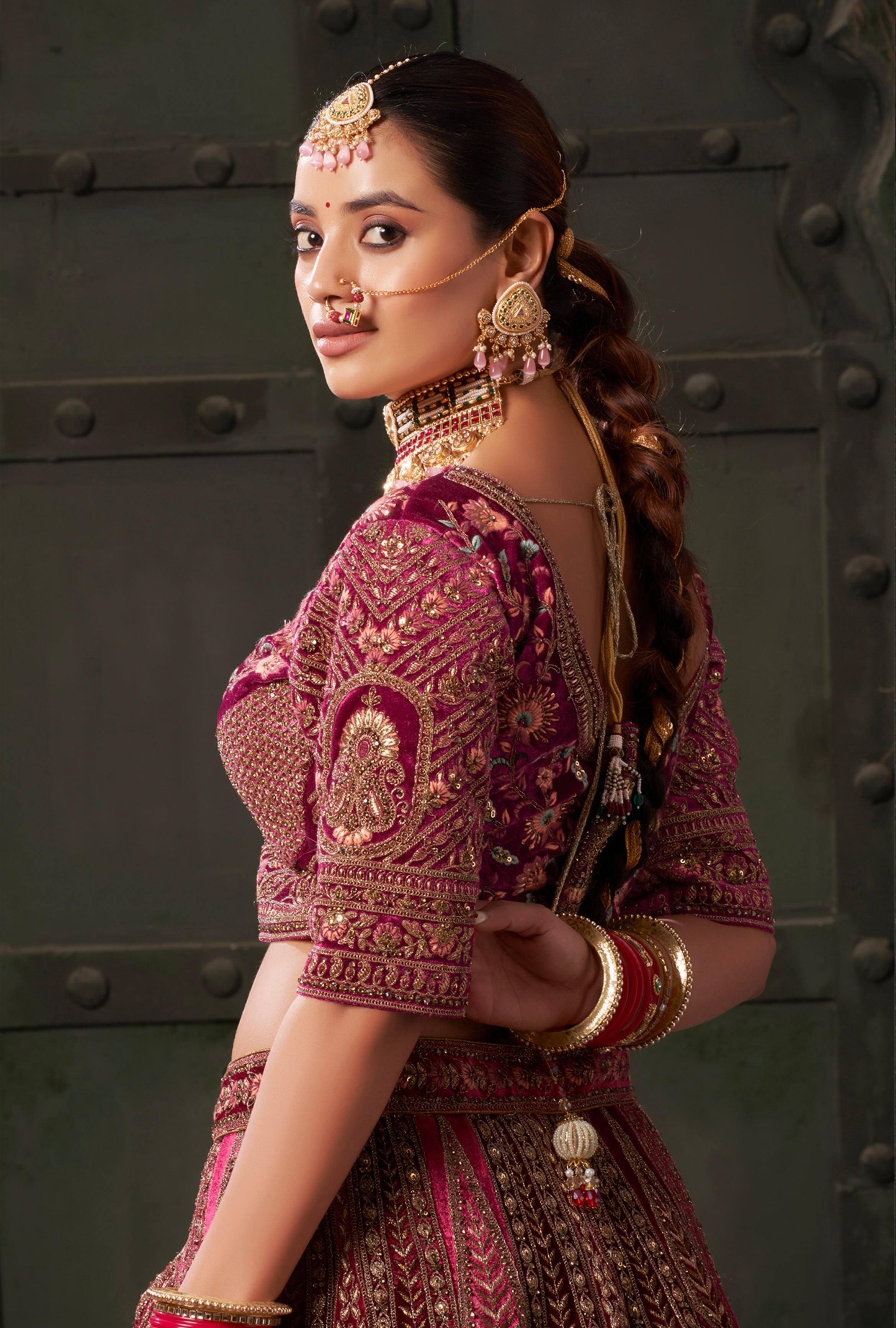 Maroon &amp; Deep Pink Velvet Lehenga Choli with Double Dupatta