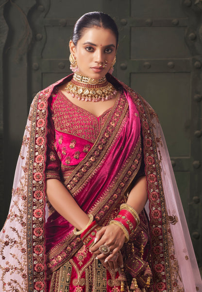Burgundy &amp; Fuchsia Pink Velvet Lehenga Choli with Double Dupatta