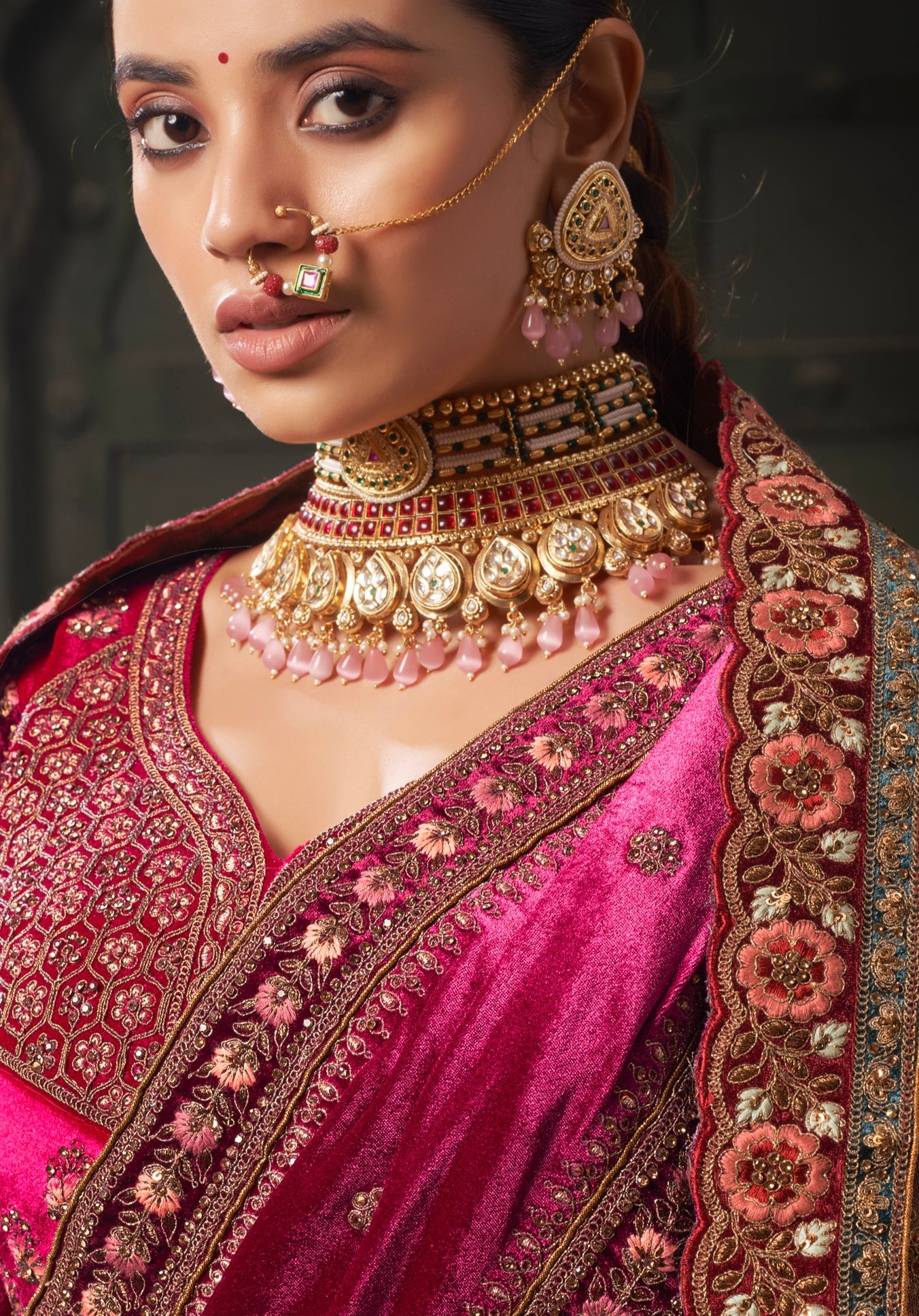 Burgundy &amp; Fuchsia Pink Velvet Lehenga Choli with Double Dupatta