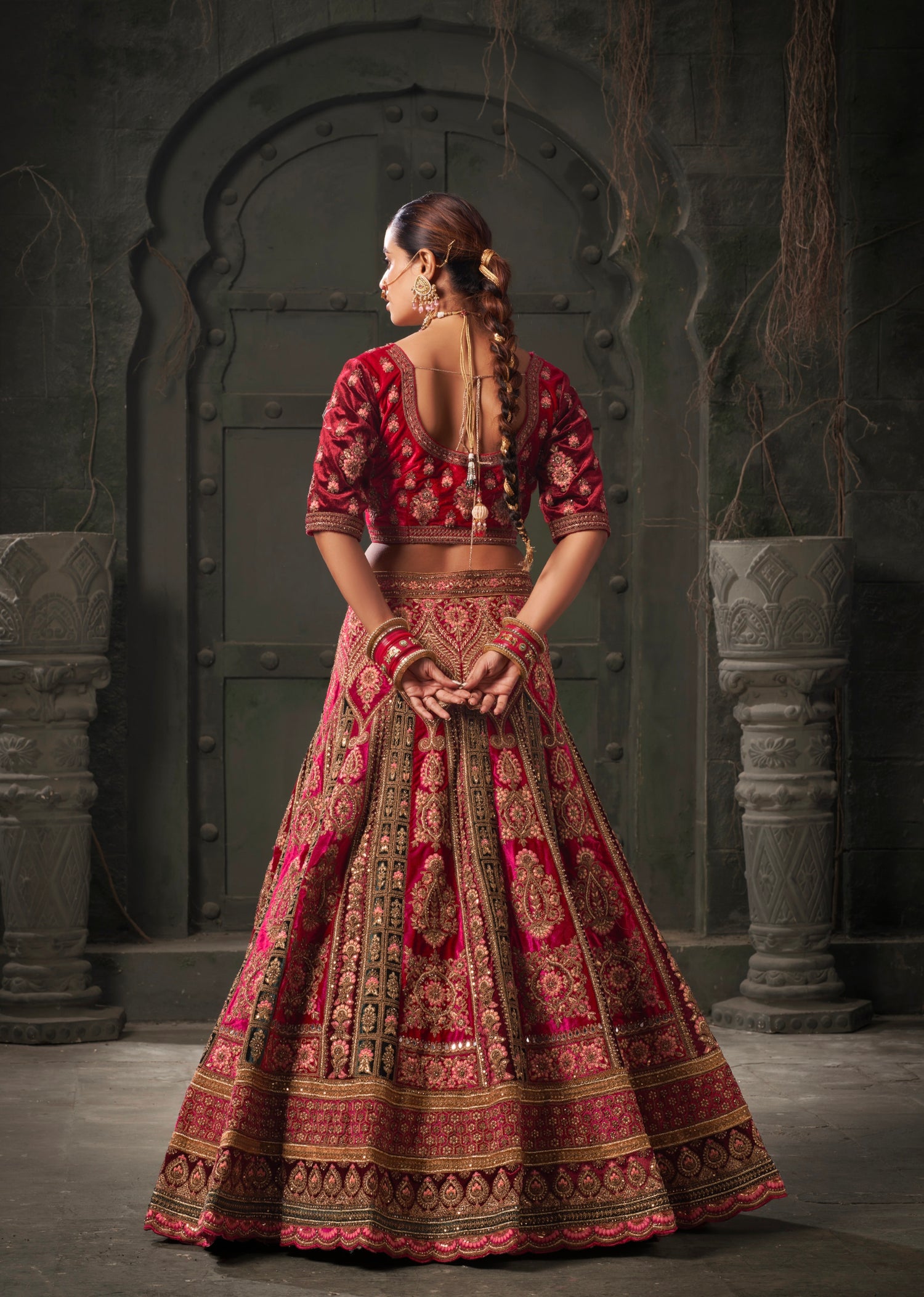 Burgundy &amp; Fuchsia Pink Velvet Lehenga Choli with Double Dupatta