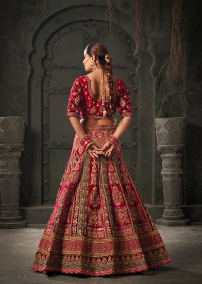 Burgundy &amp; Fuchsia Pink Velvet Lehenga Choli with Double Dupatta