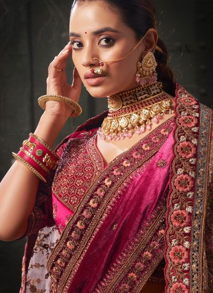 Burgundy &amp; Fuchsia Pink Velvet Lehenga Choli with Double Dupatta