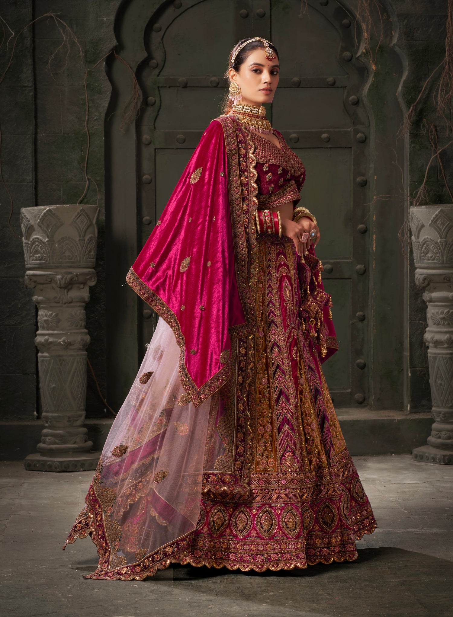 Chocolate Brown &amp; Magenta Velvet Lehenga Choli with Double Dupatta