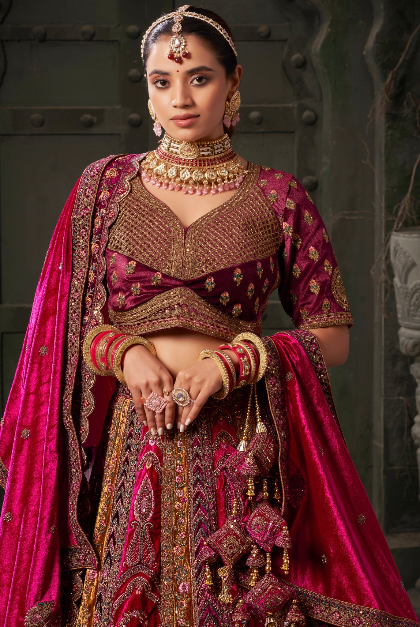 Chocolate Brown &amp; Magenta Velvet Lehenga Choli with Double Dupatta