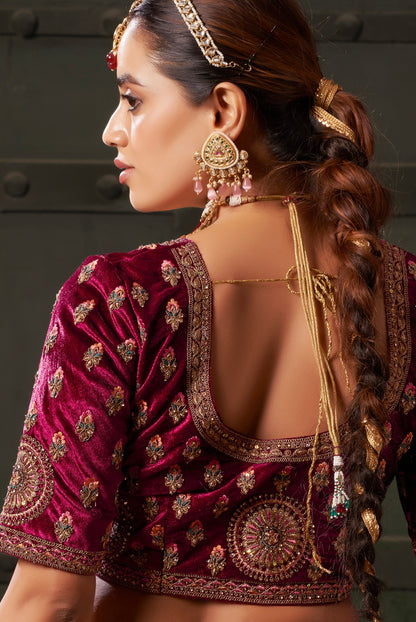 Chocolate Brown &amp; Magenta Velvet Lehenga Choli with Double Dupatta