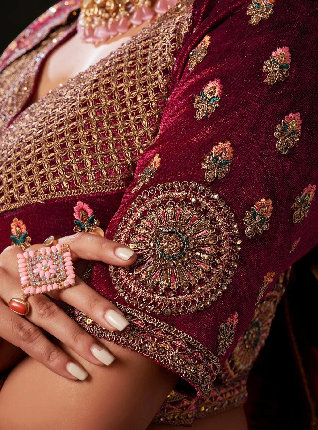 Chocolate Brown &amp; Magenta Velvet Lehenga Choli with Double Dupatta