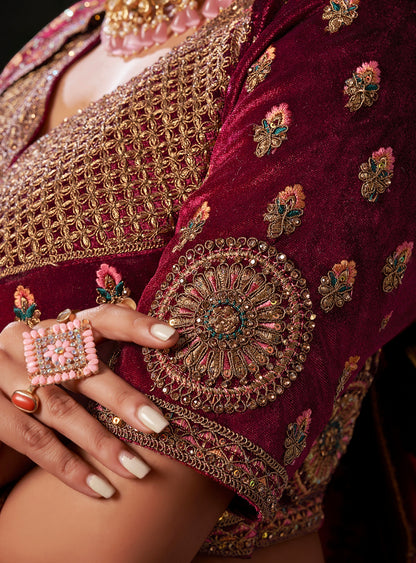 Chocolate Brown &amp; Magenta Velvet Lehenga Choli with Double Dupatta