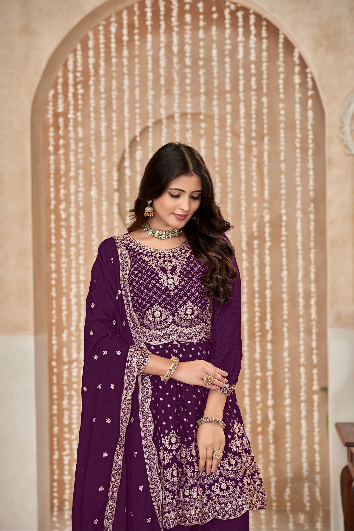 Purple Chinon Palazzo Suit with Exquisite Embroidery &amp; Chinon Dupatta