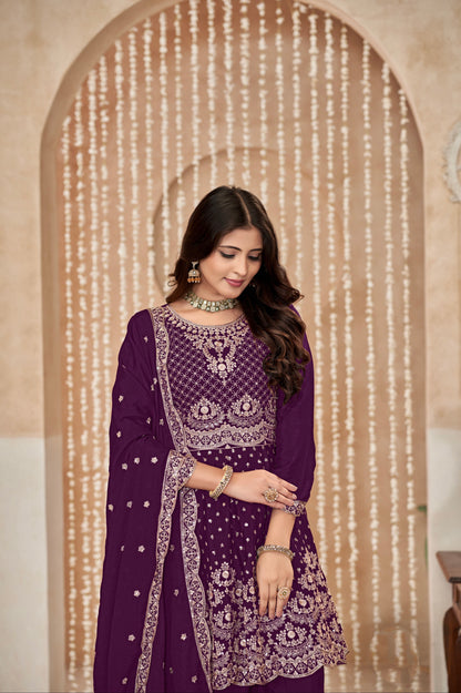 Purple Chinon Palazzo Suit with Exquisite Embroidery &amp; Chinon Dupatta