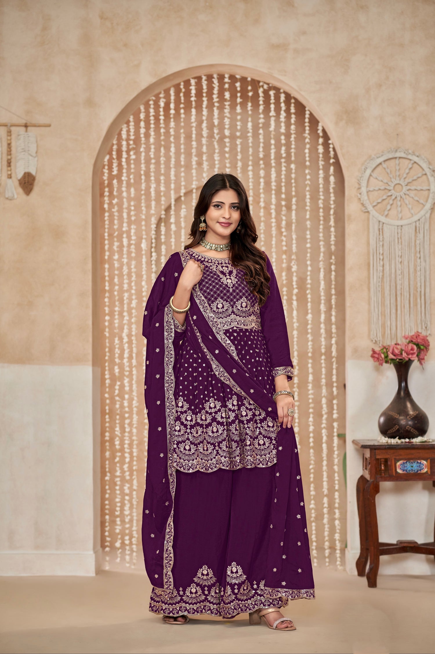 Purple Chinon Palazzo Suit with Exquisite Embroidery &amp; Chinon Dupatta