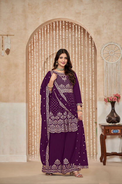 Purple Chinon Palazzo Suit with Exquisite Embroidery &amp; Chinon Dupatta