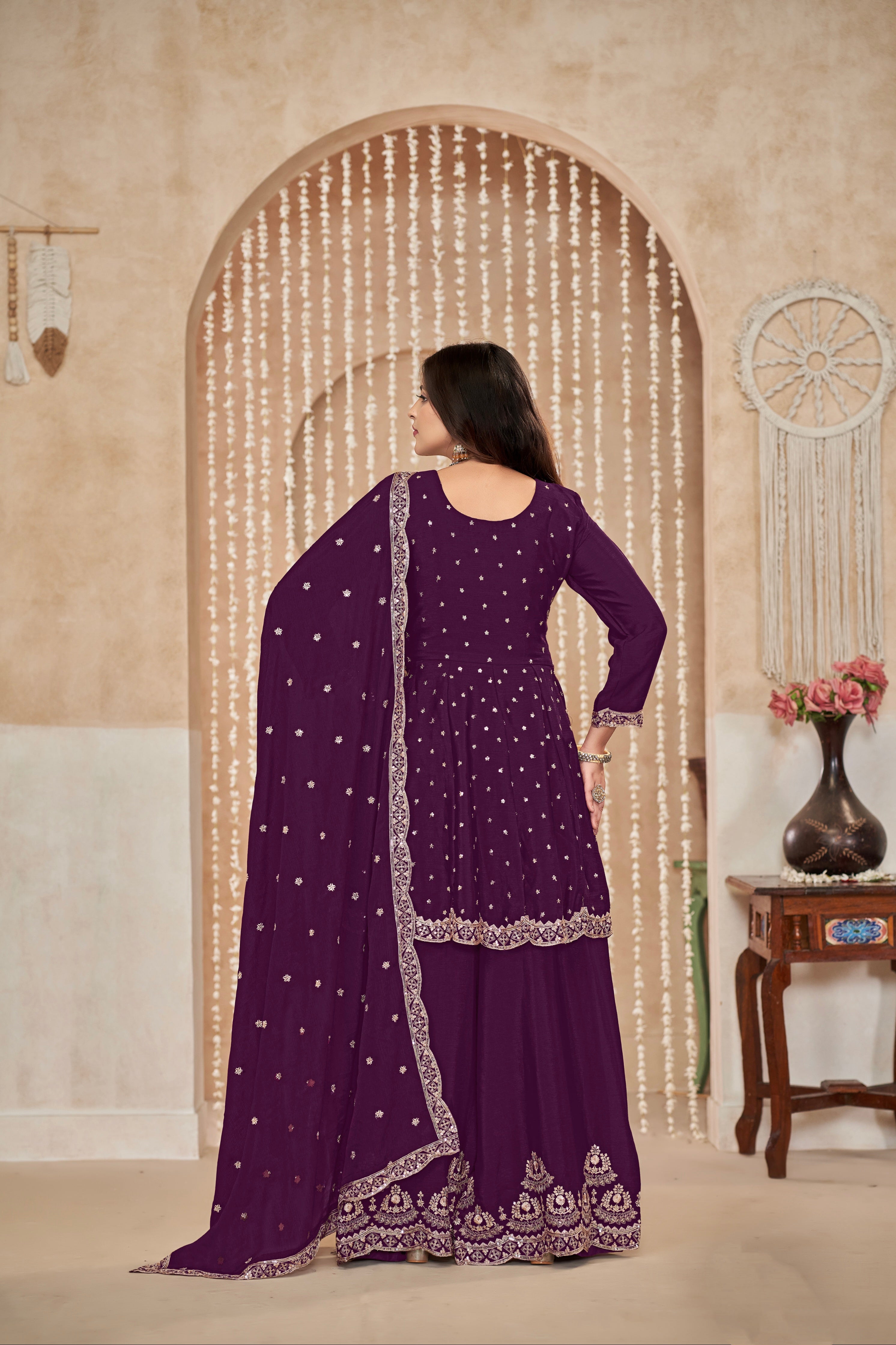 Purple Chinon Palazzo Suit with Exquisite Embroidery &amp; Chinon Dupatta