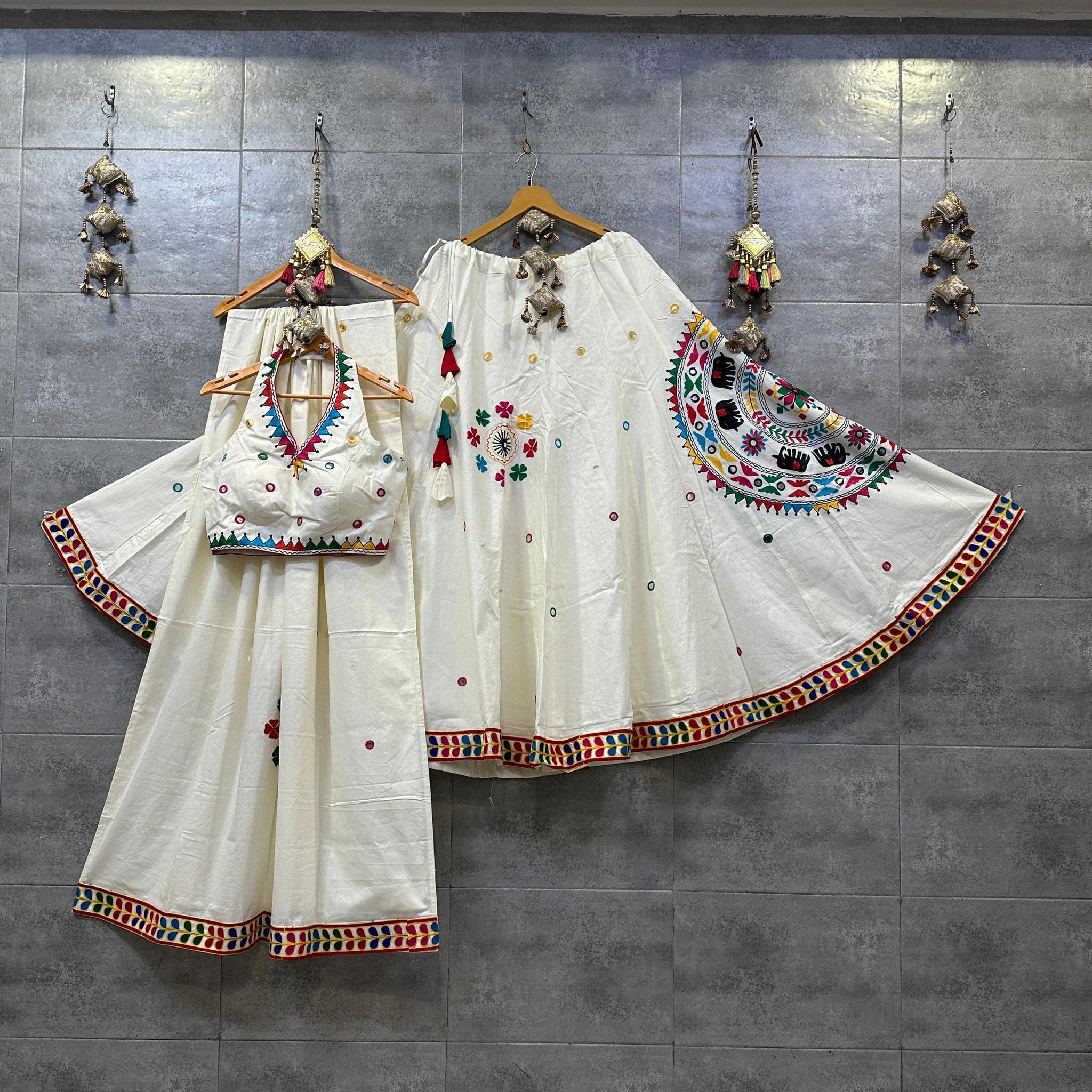 White Khadi Cotton Chaniya Choli with Multicolor Aari Work