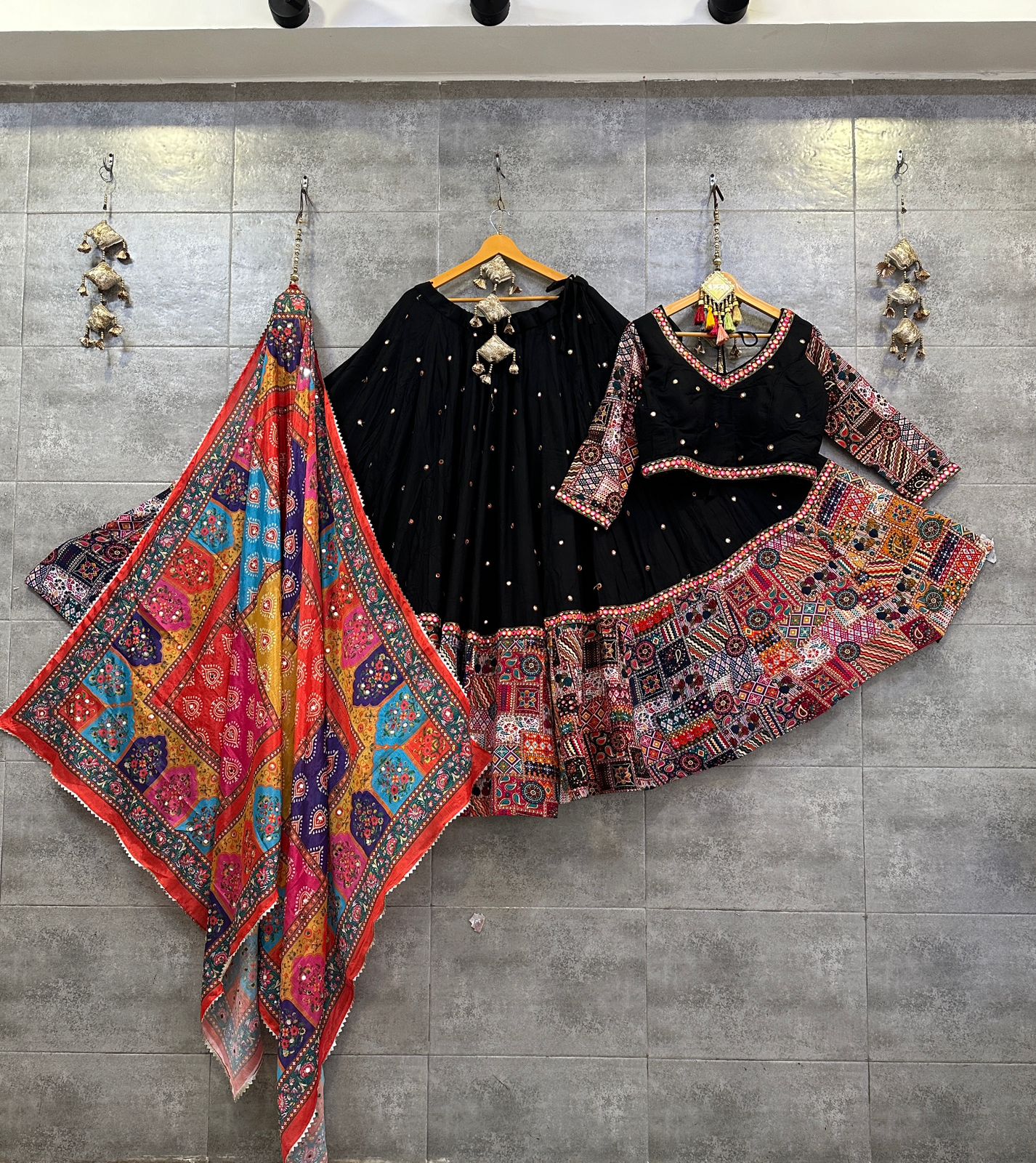 Black Rayon Cotton Butti Chaniya Choli with Multicolor Print Dupatta