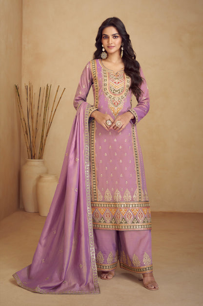 Lavender Simar Silk Palazzo Suit with Embroidered Dupatta